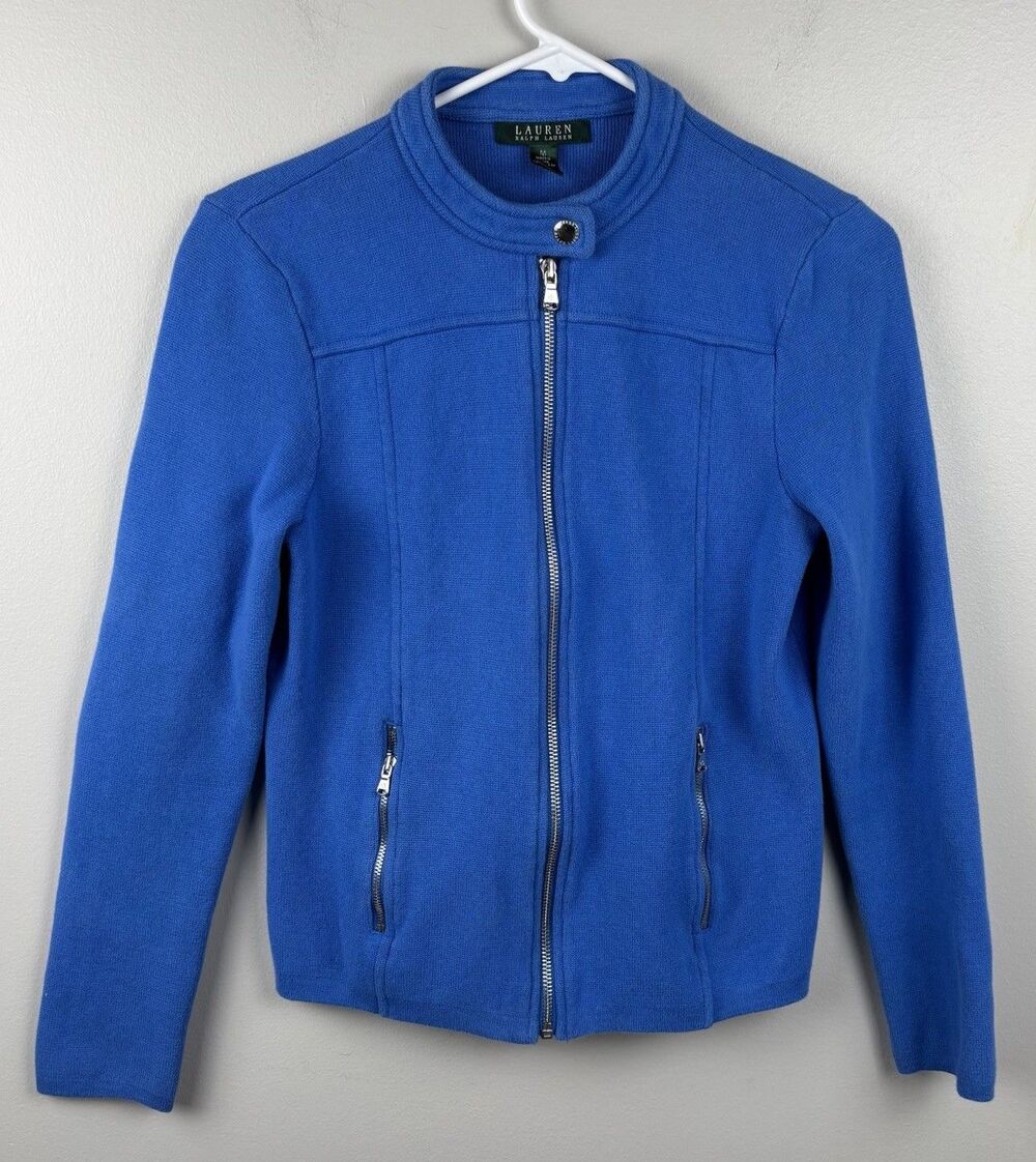 Lauren Ralph Lauren Women’s Knit Sweater Jacket Blue Full Zip Long Sleeve Medium
